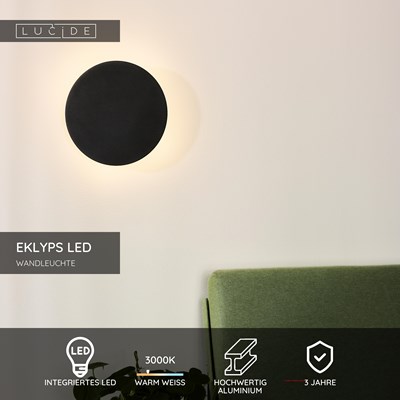 Lucide EKLYPS LED - Wandleuchte - Ø 25 cm - LED - 1x9W 3000K - Schwarz